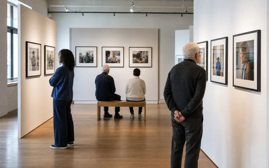 Visitatori osservano una mostra fotografica in uno spazio accessibile