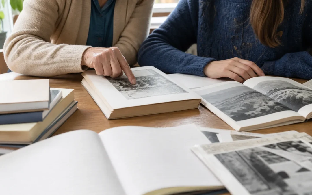 Due persone consultano libri e fotografie su un tavolo