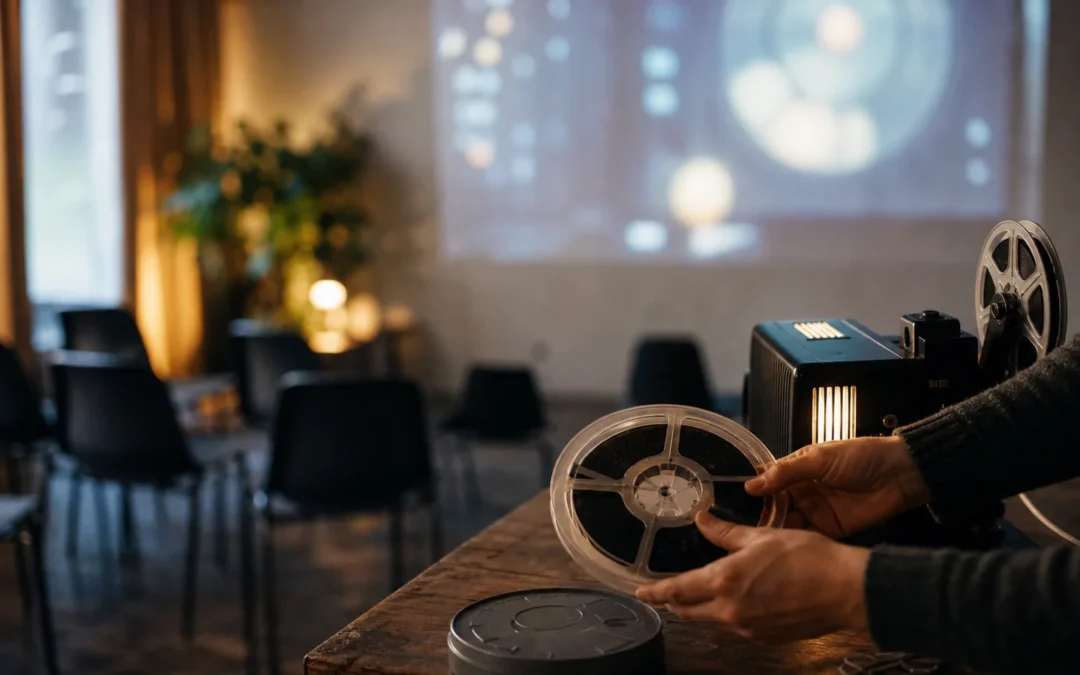 Preparazione di una proiezione cinematografica in uno spazio culturale