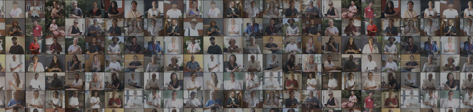 Mosaico di ritratti delle operatrici, degli operatori e dei volontari de La Meridiana